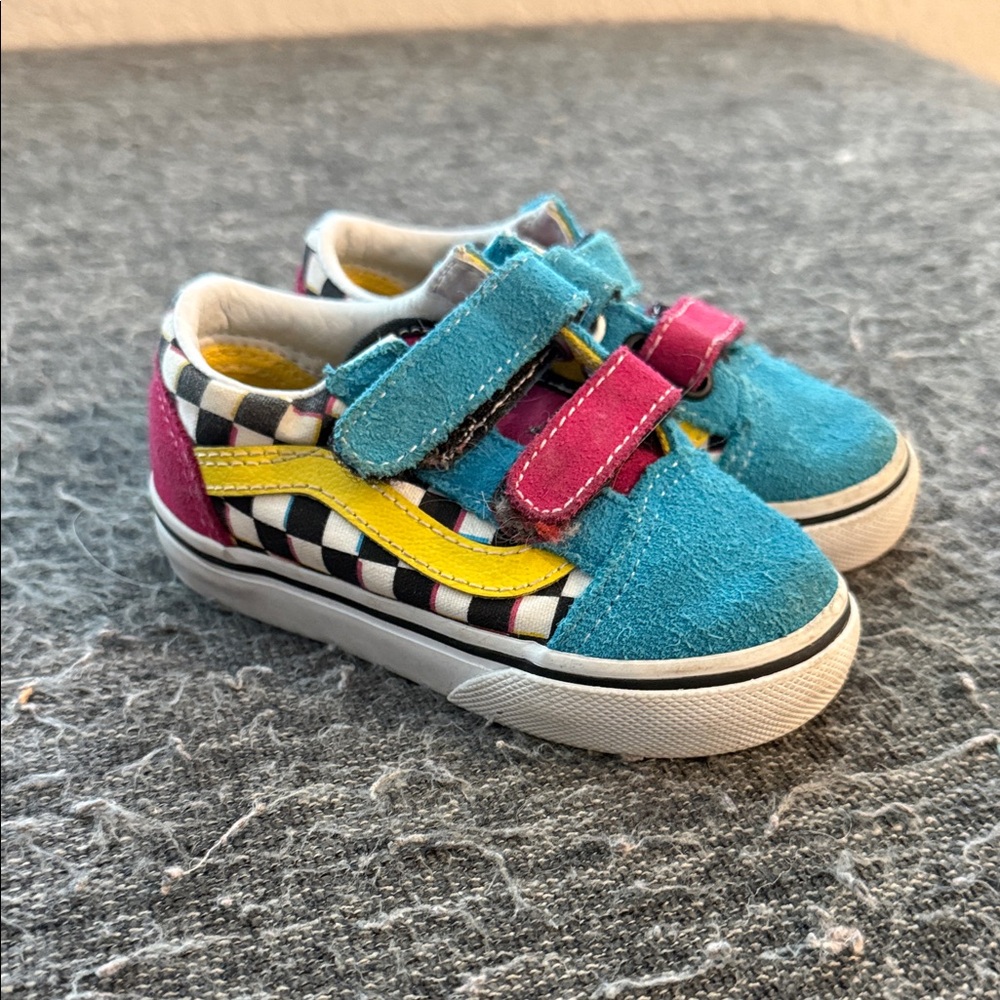 Vans Kids Teal Pink Yellow Black-White Checkerboard Velcro Sneakers